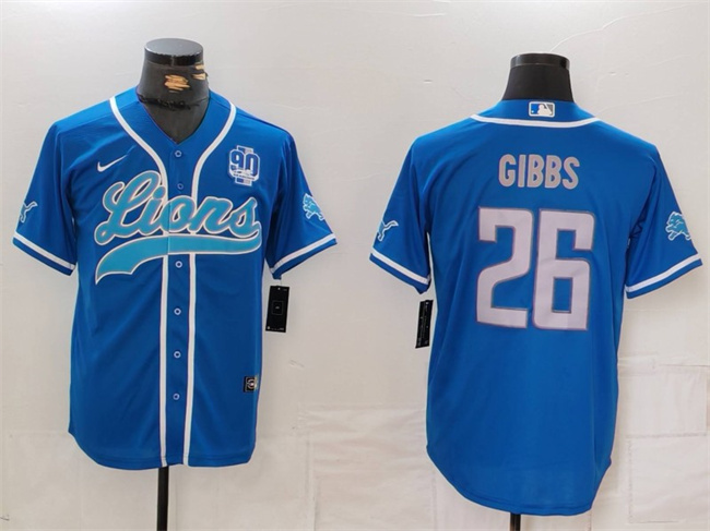 Men's Detroit Lions #26 Jahmyr Gibbs Blue With 90th Anniversary Patch Cool Base Stitched Baseball Jersey - Click Image to Close